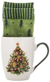 Fenyőfás karácsonyi porcelán bögre 340 ml + karácsonyi zöld zokni ajándékcsomag