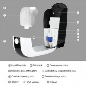 Szenzoros kézfertőtlenítő és folyékony szappan adagoló fali fehér-fekete 1000ml adapterrel