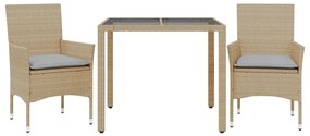 vidaXL 3 részes bézs polyrattan/üveg kerti étkezőgarnitúra párnákkal