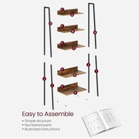 Könyvespolc, létra polc, 5 szintes, vintage barna és fekete 40x30x180cm
