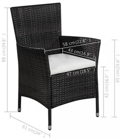 fekete polyrattan kültéri szék zsámollyal és párnákkal