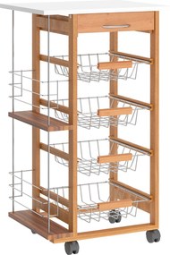 HOMCOM Konyhai Kocsi Kerekekkel, Többcélú Kocsi Fiókkal, 4 Leszedhető Fém Kosárral és Oldalsó Polcokkal 47x37x83 cm Természetes Fából | Aosom