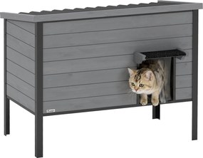 PawHut időjárásálló fa macskaház zsanéros tetővel és levehető padlóval, 85 x 55 x 70 cm – beltéri/kültéri macskabúvóhely 1–2 macskának (max. 12 kg/mac