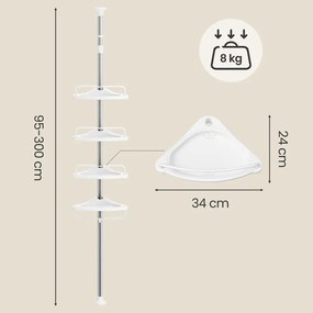SONGMICS 4 szintet teleszkópos zuhanypolc, állítható magasság (95-300 cm), rozsdamentes acél, fehér