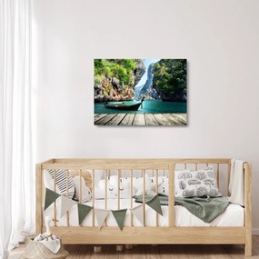 Üveg kép - Víz mediterrán táj csónakkal (70x50 cm)