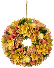 Húsvéti koszorú fából készült virágokkal, tojással, 30 cm, sárga