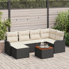 7 darabos kerti kanapé szett párnákkal, fekete poli rattan akác, 2 személyes kerti kanapé párnákkal, fekete poli rattan