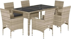 vidaXL 7 részes szürke polyrattan/üveg kerti étkezőgarnitúra párnákkal