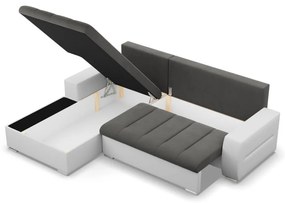 Toronto sarokkanapé, 2 ágyneműtartóval, bársony + műbőr, baloldali, szürke - fehér