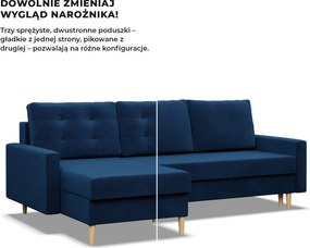 Etna sarokkanapé, 2 ágyneműtartóval, bársony, univerzális oldal, bonell töltet, kék
