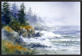 Poszter Keret Alumínium Tájkép Tenger Hullámok Part Erdő Sziklák Fák 60x40