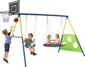 AIYAPLAY 4 az 1-ben gyerek hinta – acél A-váz, fészekhinta, ülőhinta, kosárpalánk és focikapu, állítható kötelek, 3–8 éveseknek, 288 x 160 x 220 cm |