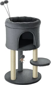 PawHut Macska Fa 73.5H cm Macska Kaparószlop Macska Bújóval és Játék Labdával Mászófa Sisak Pole Macska Játék Plüss Szürke + Krémfehér | Aosom