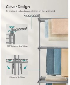 összecsukható 4 szintes ruhaszárító állvány, mozgatható, 64 x 126 x 172 cm, rozsdamentes acél, lehajtható szárnyakkal, szürke