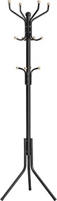 Fém álló fogas és ruhafogas 12 kampóval, fa gömbvégekkel, 182 cm, fekete