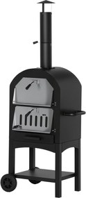 Outsunny 2 az 1-ben kültéri pizza sütő kerekekkel, BBQ grillező fedéllel, pizzakemence, 2 grillrács, grillező kocsi kéménnyel, 3 szintes fával működő