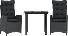 vidaXL 3 részes fekete polyrattan kerti étkezőgarnitúra párnákkal