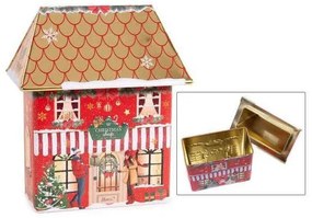 Piros Házikó alakú karácsonyi fémdoboz