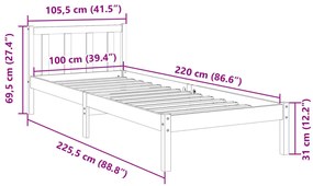 fehér tömör fenyő extra hosszú ágykeret matrac nélkül 100x220cm