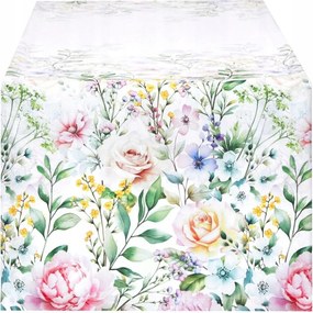 Asztalterítő 40x150 Dekoratív Fehér Virágok Rózsa 9877