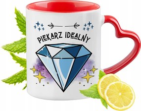 Piros bögre szív alakú füllel péknek ajándékba