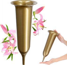 Váza Temetői Üveg 31cm Művirág Sírkő Beszúrható Spicc Arany