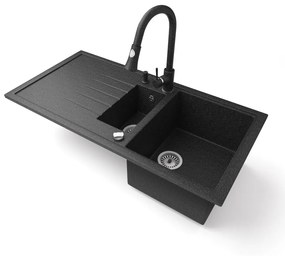 Gránit mosogató - Nero Solarys + kihúzható zuhanyfejes Snake csaptelep + adagoló + dugókiemelő (fekete)