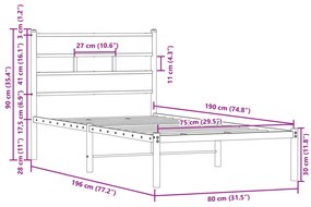 barna tölgy színű fejtámlás ágykeret matrac nélkül 75 x 190 cm