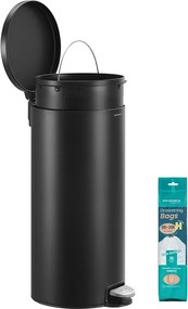 Fém kerek konyhai szemetes, 30 L, pedálos, műanyag belső vödörrel, fekete