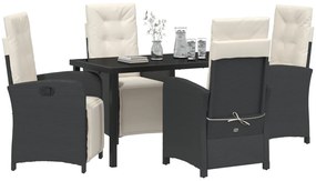 5 Darabos Kerti Étkezősor Párnákkal Fekete Poli Rattan, Kerti Asztal Fekete 140x80x73 cm Edzett Üveg