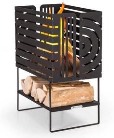Blumfeldt Krakatoa, tűzrakóhely, tömör acél, fa tárolórekesz, lézer-vágott design
