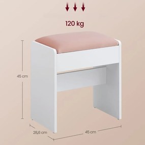 VELVET kárpitozott taburet/szék sminkasztalhoz, 45×45×28,6 cm, fehér/rózsaszín Vasagle