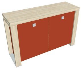 Verno+ S alacsony szekrény 140 x 46 x 90 cm, üvegajtó, akác / narancs