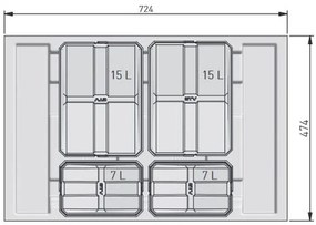 Hulladékgyűjtő AxiSpace 800mm, mozgatórendszer nélkül, 2x15L, 2x7L edényekkel, tálcával, fedelekkel