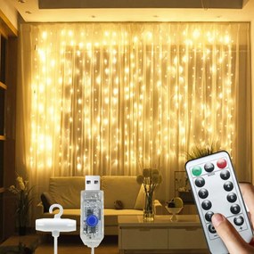 Led Fényfüggöny Ablakra 300LED 3x3m Lámpák Meleg Fehér Girland Távirányító