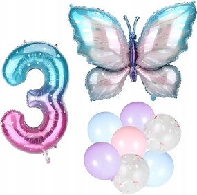 Dekoráció 3 Születésnapra Szett Nagy Pillangó Lufival és Számmal 100 cm