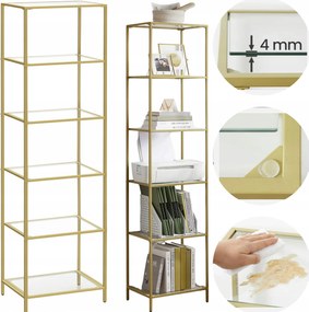Könyvespolc 6 polc dekorációhoz, növényekhez, 6 üvegpolc 40x30x177,3 cm Arany