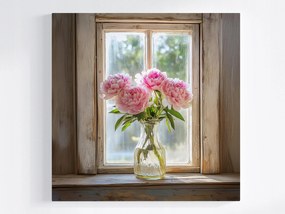 Vászonkép Canvas Ablak Dekoráció Váza Virágok Bazsarózsa Csokor 40x40