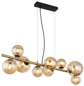 Globo 56135-9H Függeszték fém fekete matt, fém sárgaréz matt, üveg borostyán, HxSzxM: 866x360x1200mm, üveg méret 4X ø: 10 cm, 3x ø: 12 cm, 2 x ø: 15 cm, tartozék 9x G9 LED 3,5W 230V, forrás 80lm kimenet, 3000K, 10676 LED izzóval