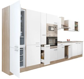 Yorki 420 konyhablokk sonoma tölgy korpusz,selyemfényű fehér fronttal alulfagyasztós hűtős szekrénnyel