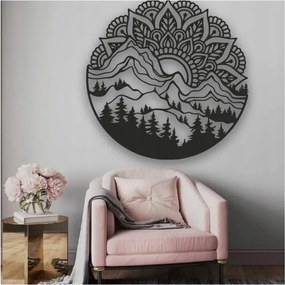 Modern Mandala kép, hegy motívummal, fekete, kerek, 60 cm-es, nappaliba vagy étkezőbe