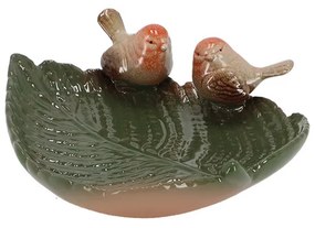 Levél alakú kerámia madáritató és madáretető, kismadár dekorációval