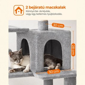 FEANDREA 143 cm magas macskafa, 2 kilátóplatformmal, macskabarlanggal és függőággyal, világosszürke