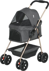 PawHut 3 az 1-ben Kutyakocsi Összecsukható Kutyák és Macskák számára 4 kg-ig, Párnázott Macskakocsi, Hálós Ablakok, Pohártartó, Tároló Kosár, Szürke |