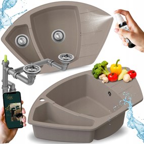 Mosogató Sarok mosogató bézs Gránit kétrekeszes Konyhai csepegtetővel