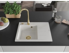 Mexen Ben, 1 kamrás gránit mosogató 600x500x190 mm, bal + arany szifon, fehér, 6522605000-20-G