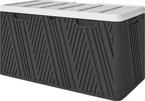 Outsunny 380L Kültéri Tárolódoboz Gázrugós Fedéllel és 2 Oldalfogantyúval, Vízálló HDPE Kültéri Tároló Pad, UV Védelem, 115x60x60 cm, Fekete és Szürke