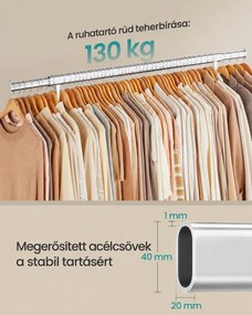 Nagy teherbírású gurulós ruhatartó, állítható 110–150 cm szélességgel, max. 130 kg, krómozott
