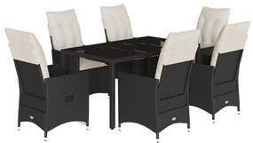 7 részes fekete polyrattan kerti étkezőgarnitúra párnával