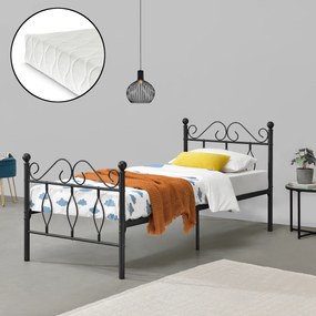 [en.casa] Fémkeretes ágy Apolda 90 x 200 cm porszórt (szinterezett) acél váz fekete, matt dekoratív fej-és lábrész egyszemélyes ágy hideghabos matraccal
